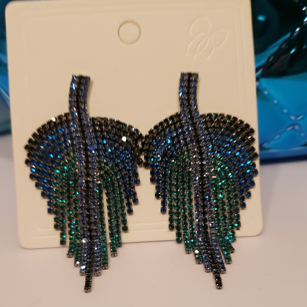 Elegant Blue and Green Leaf Earrings - Picture 3 of 8